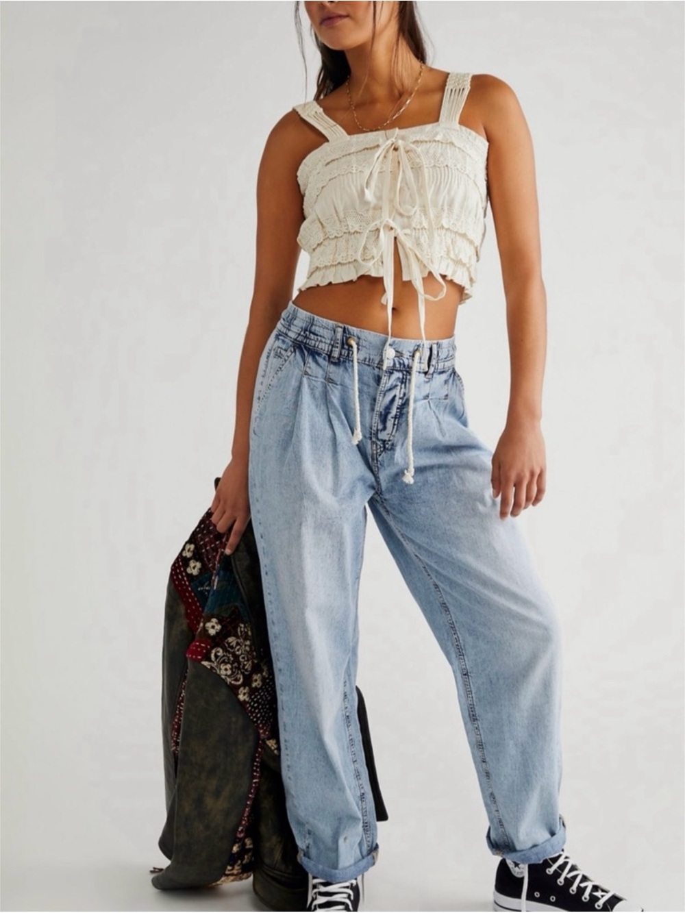 Free People We The Free Luna Pull On Drawstring Jeans in Sky Light Wash Medium